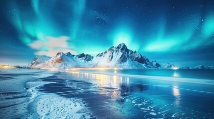 Naklejka premium Northern Lights Display Over Snowy Mountain Range