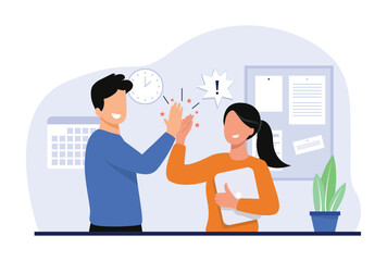 Teamwork high five concept illustration. Cheerful colleagues congratulate each other, applauding, giving high five. Vector illustration.
