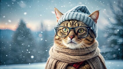 Cat wearing glasses, winter scarf, and beanie outdoors on a snowy day, cat, glasses, winter, scarf, beanie, snow, outdoors, cute