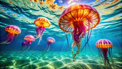 Vibrant jellyfish gracefully swimming in crystal clear water, marine life, underwater, ocean, sea creatures