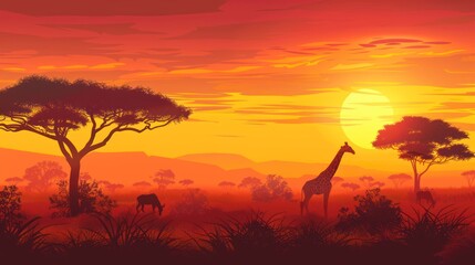 African Sunset with Giraffe and Wildebeest