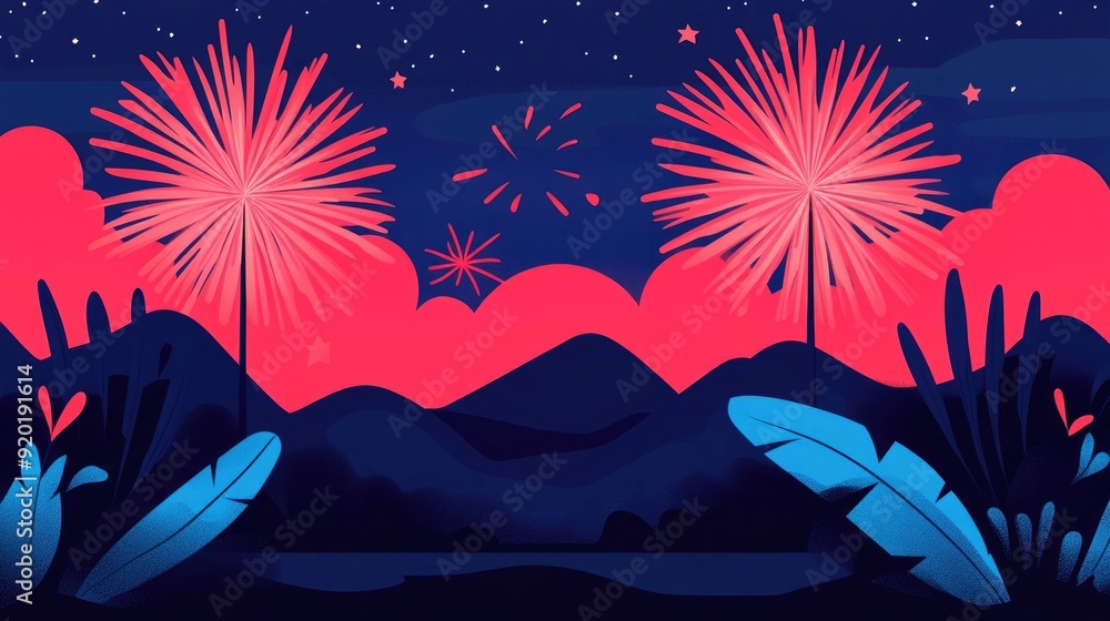 Poster captivating showcasing a vibrant nighttime with a dazzling display of colorful fireworks in a flat d