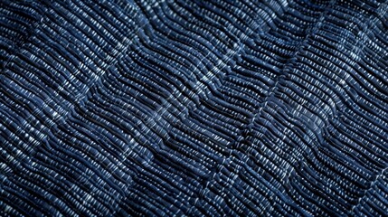 Tightly woven linen fabric forming a sy apron with rows of neat straight stitching holding together the rich navy blue fabric.