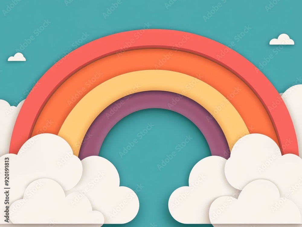 Poster whimsical and dreamy flat design showcasing a vibrant sky filled with colorful rainbows and fluffy w