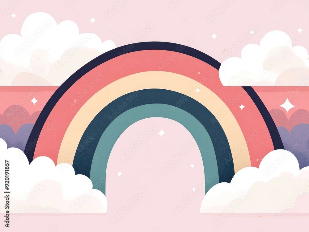 Poster whimsical and dreamlike scene featuring a sky filled with vibrant rainbows and fluffy clouds in a fl