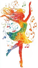 Obraz premium A vibrant silhouette of a dancer surrounded by colorful musical notes, embodying the joy and energy of music and dance.