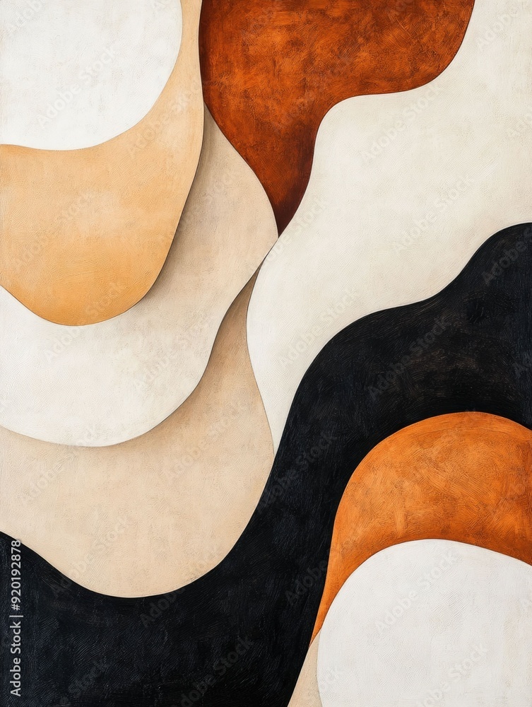 Poster captivating abstract artwork featuring organic overlapping shapes in a harmonious blend of earthy na