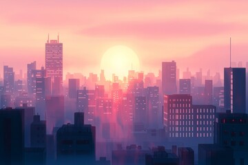 Fototapeta premium A sunset view over a city with soft, warm light cascading through the skyline The scene is cozy vibe, Generative AI
