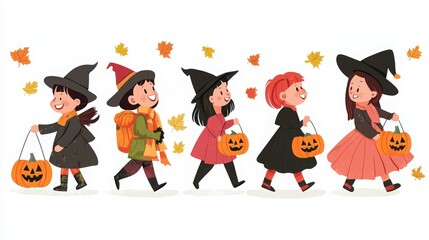 Cheerful children in Halloween costumes carry pumpkin buckets while enjoying a festive autumn walk.
