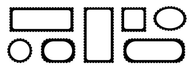 Border frame scallop edge rectangle, oval, round vector shape. Wave scallop squiggle cute simple rectangle border set. Simple wavy squiggly line retro photo picture frame. Vector illustration