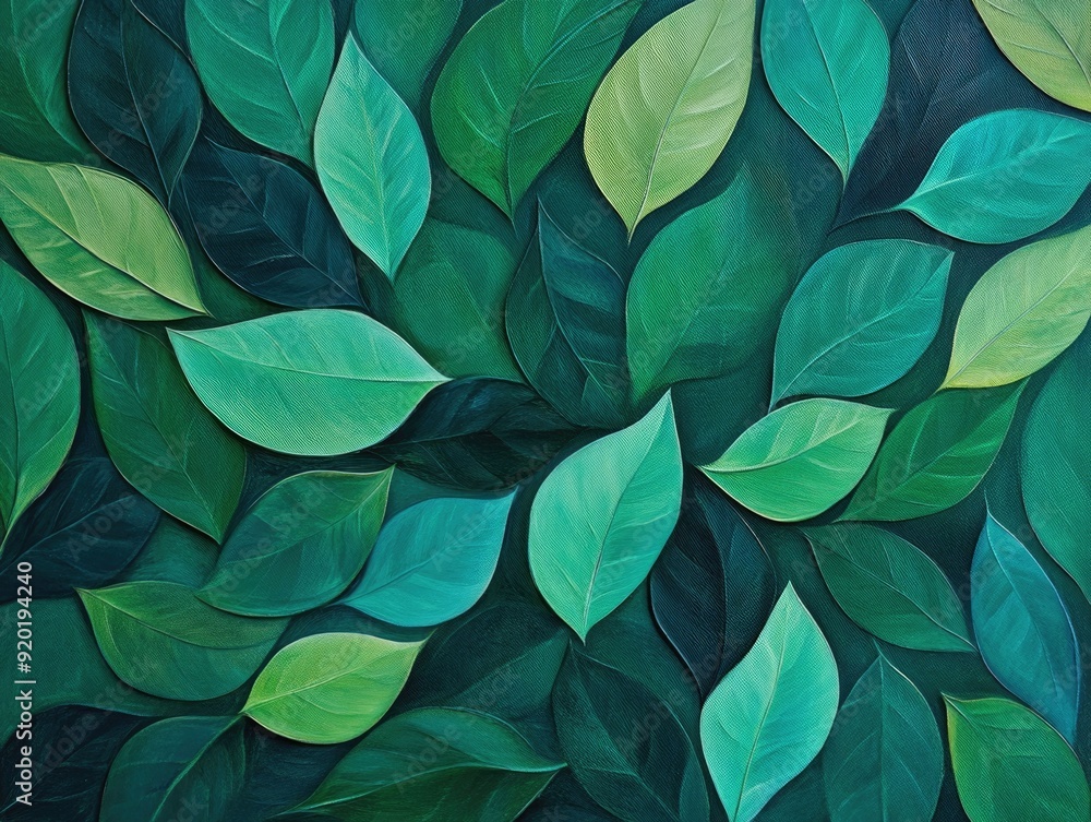 Poster captivating abstract artwork featuring organic leaf like shapes in soothing shades of green creating