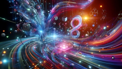 Naklejka premium Fractal realms of glowing energy and swirling motion, showcasing a vibrant, abstract design in a futuristic space16