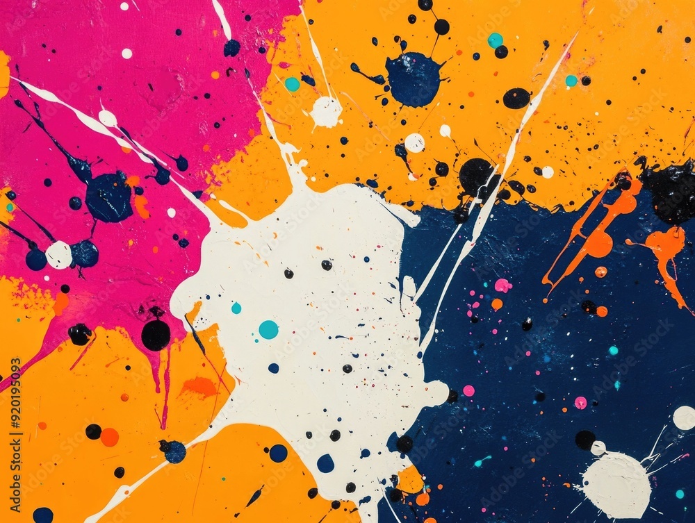 Poster dynamic and expressive abstract artwork featuring organic shapes with energetic splatter and drip pa