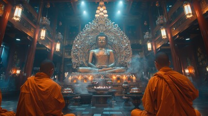 Obraz premium Buddhist Monks Praying in a Temple
