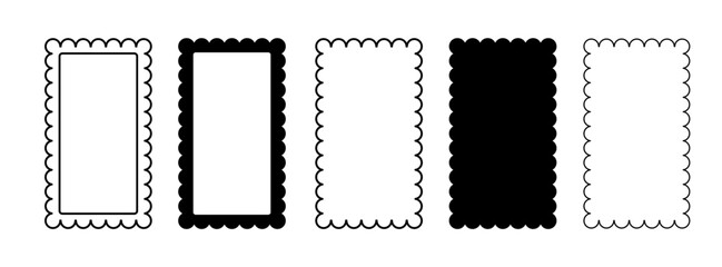 Border frame scallop edge rectangle vector shape. Wave scallop squiggle cute simple rectangle border set. Simple wavy squiggly line retro photo picture frame. Vector illustration