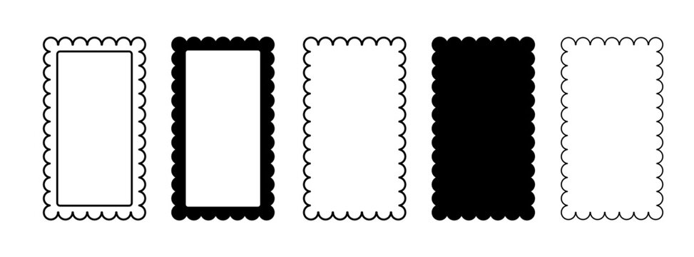 Border frame scallop edge rectangle vector shape. Wave scallop squiggle cute simple rectangle border set. Simple wavy squiggly line retro photo picture frame. Vector illustration