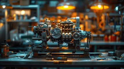 Close-Up of a Vintage Car Engine on a Workshop Table