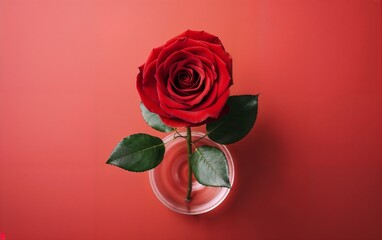 Fototapeta premium Single Red Rose in a Glass Vase on a Red Background - Elegant Floral Decoration