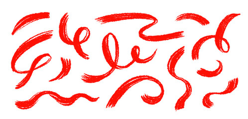 Brush line stroke squiggly paint set. Hand drawn doodle swirl wave brush curly charcoal stroke. Line squiggly paint curly hand drawn ink calligraphy elements. Vector illustration.