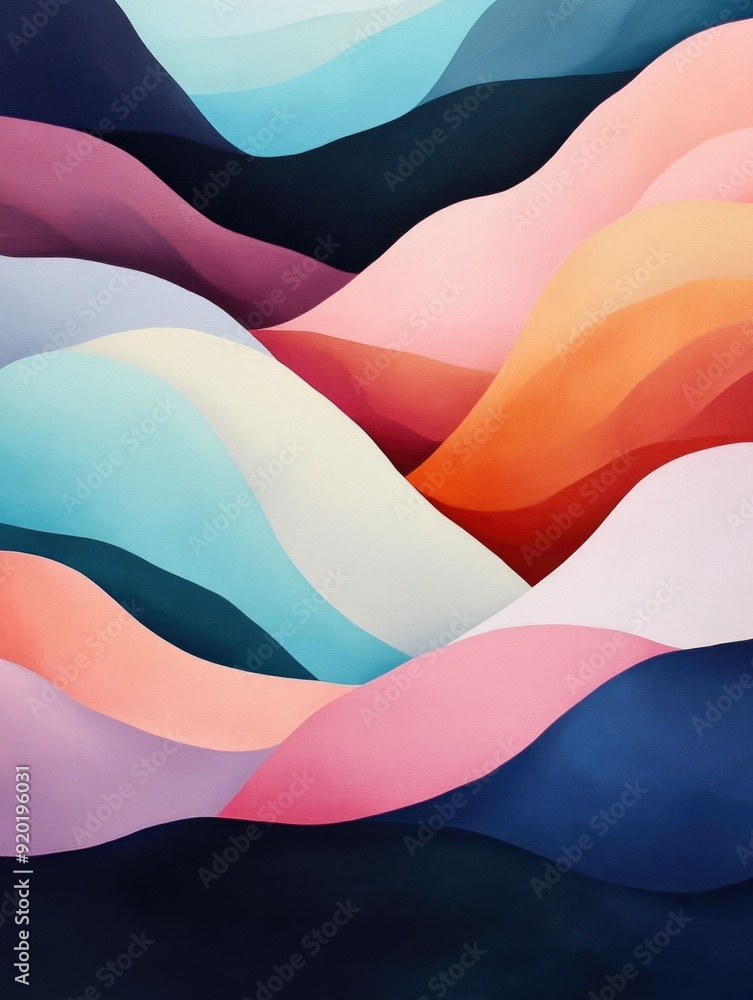 Poster serene and mesmerizing digital artwork featuring organic shapes in a pastel color palette with subtl