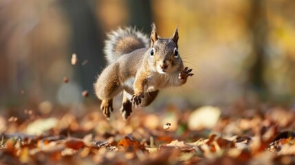 Obraz premium Squirrel Leaping Through Autumn Leaves