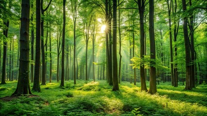 Fototapeta premium Lush green forest with tall trees, nature, foliage, woodland, environment, wildlife, ecosystem, growth, tranquility, outdoor