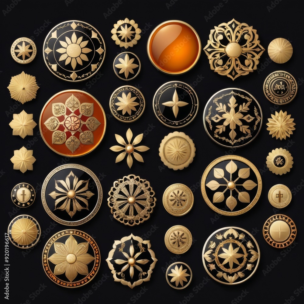 Poster grid of nine intricately designed circular badges in various col