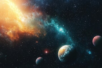Obraz premium Stunning view of space featuring colorful galaxies, bright stars, and distant planets in a vibrant cosmic setting.