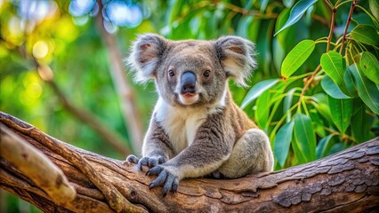Obraz premium Wild Koala sitting on eucalyptus tree branch in Magnetic Island, Koala, Phascolarctos Cinereous, wildlife, Australia, eucalyptus