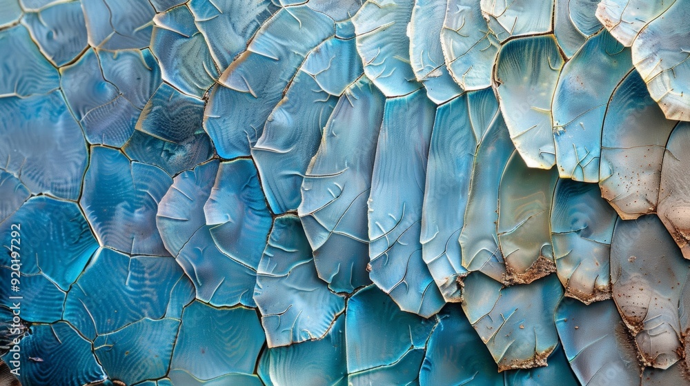 Poster a textured background resembling the cracked patterns of a bionic insect wing with variations of blu