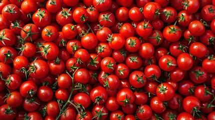 Stunning Top View of Vibrant Red Cherry Tomatoes Piled High, Exuding Freshness and Healthiness for a Nutritious Diet. A Real Photo Capturing the Essence of Healthy Eating.
