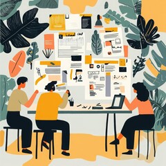 Three people collaborate at a table, surrounded by vibrant plants, analyzing documents and sharing ideas in a creative workspace.