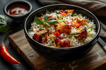 A vibrant bowl of grilled chicken with rice and fresh vegetables.