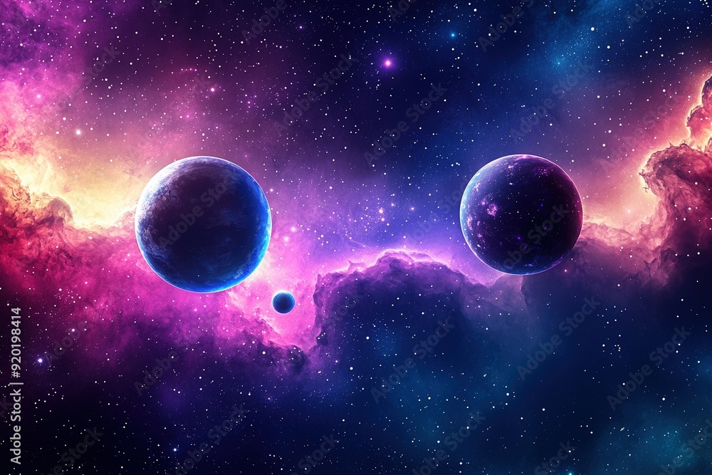 Wall mural Vibrant cosmic scene featuring colorful nebulae and planets in a vast universe, ideal for science and space-themed projects.