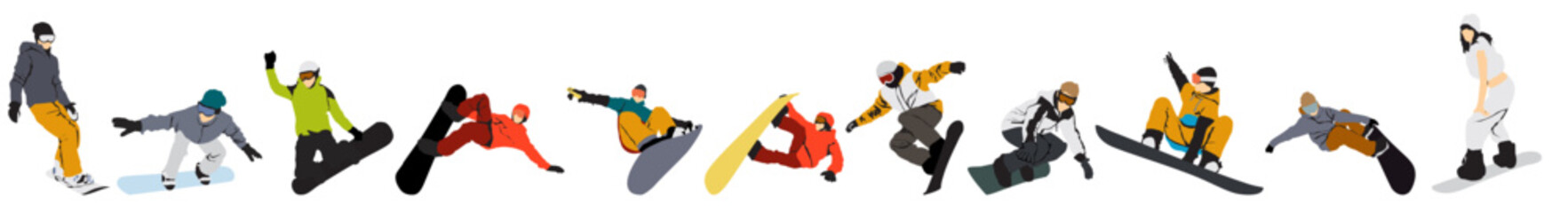 snow boarding snowboarder set in action full vector and illustration