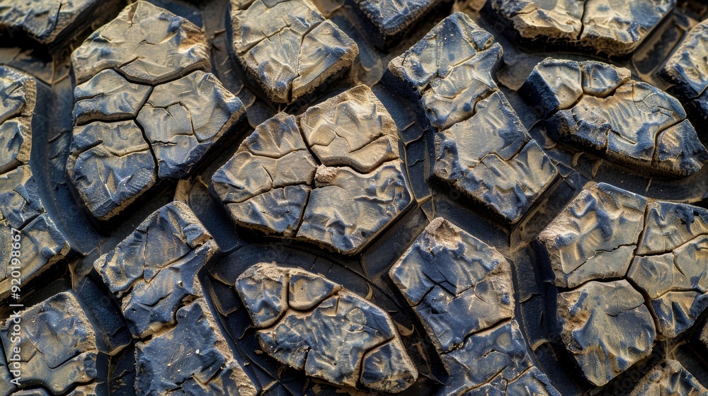 Poster in this closeup of a tire tread the textured surface resembles the scales of a reptile adding an ele