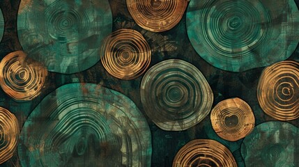 Bold strokes of rich brown and deep green create a dynamic and eyecatching abstract design drawing inspiration from the patterns of tree rings.