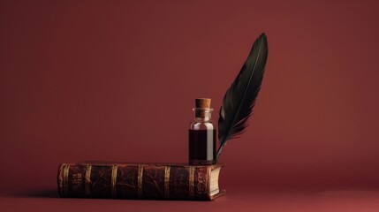 A classic book cover against a rich maroon background, highlighting an antique quill and ink bottle beside a closed leather-bound book. The title appears in an elegant serif font. 