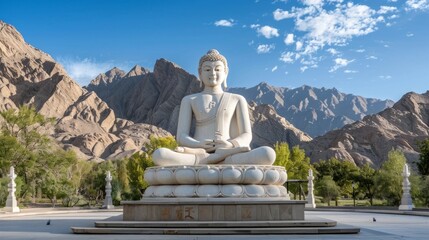 A majestic white marble Buddha statue seated in a lotus position, with a backdrop of towering mountains and a clear blue sky. The scene exudes a sense of peace and spiritual elevation. 