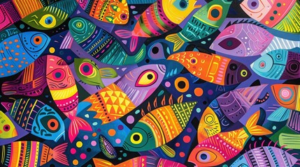 Naklejka premium Brightly colored fishes and loaves multiplying in a whimsical