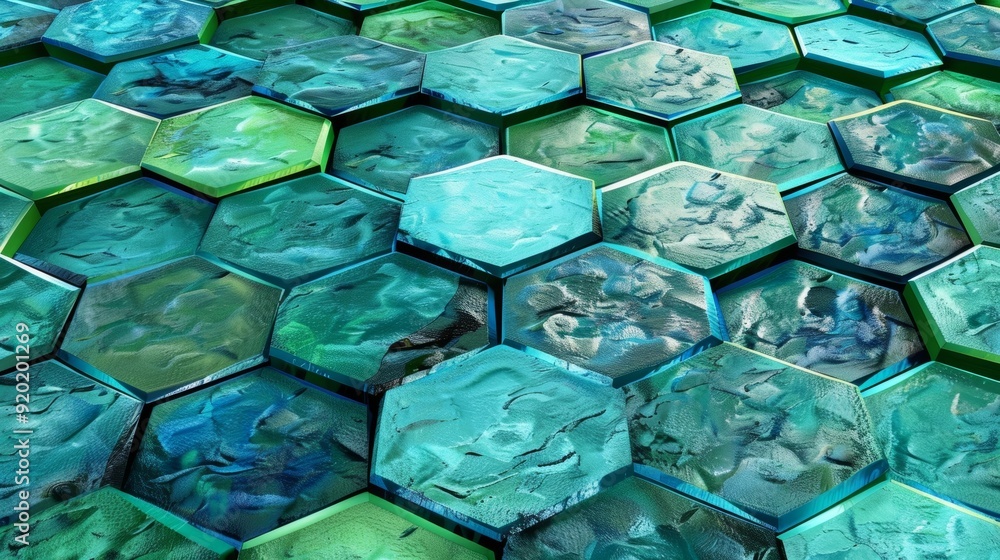 Poster layers of hexagons in varying shades of green and blue giving an aquatic feel to this honeycombinspi