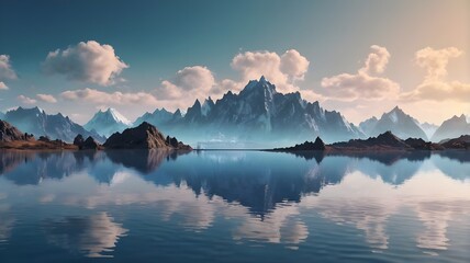 3d render, fantasy landscape panorama with mountains reflecting in the water. Abstract background. Spiritual zen wallpaper with skyline