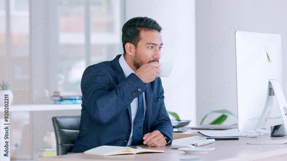 Aufkleber investor happy with his progress. confident business man drinking coffee while reading positive feed