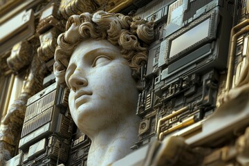 Digital illustration of a traditional sculpture with visible computer components, highlighting the fusion of historical and modern elements. High-resolution, detailed textures, crisp focus