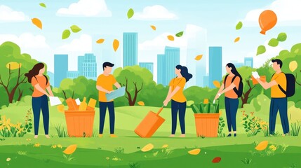 Fototapeta premium Volunteers participating in a recycling initiative cleaning up a park in a flat design The image depicts a community effort to maintain a green and sustainable urban environment
