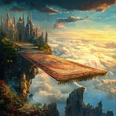 Fototapeta premium A magical carpet floating above vibrant clouds, leading to a mystical city in the sky at sunset.