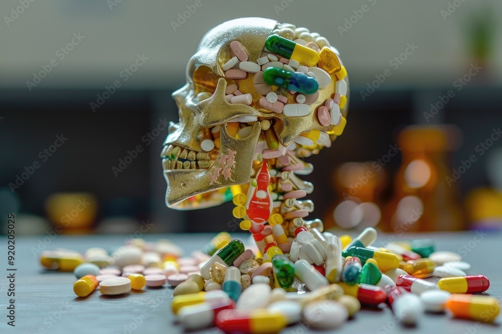 Poster a close-up shot of a skull made from pills on a table