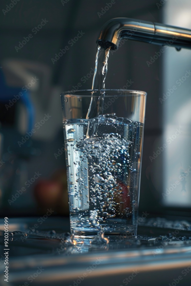 Poster A clear glass filled with running water from a pour