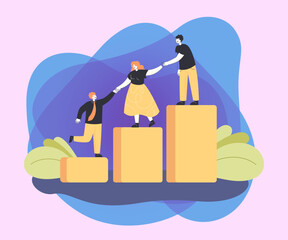 Employees giving hands and help to colleagues to walk upstairs. Mentor or leader and his team growing together flat vector illustration. Leadership, teamwork, mentorship, cooperation concept