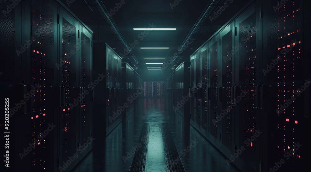 Poster an expansive atmospheric corridor that is lined with hightech servers, contributing to a striking fu